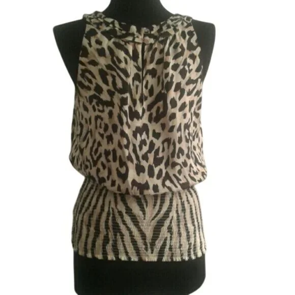 WHBM XS Blouse Leopard Print Sleeveless Ruffled Neckline Smocked Tiered Waist - Picture 3 of 8